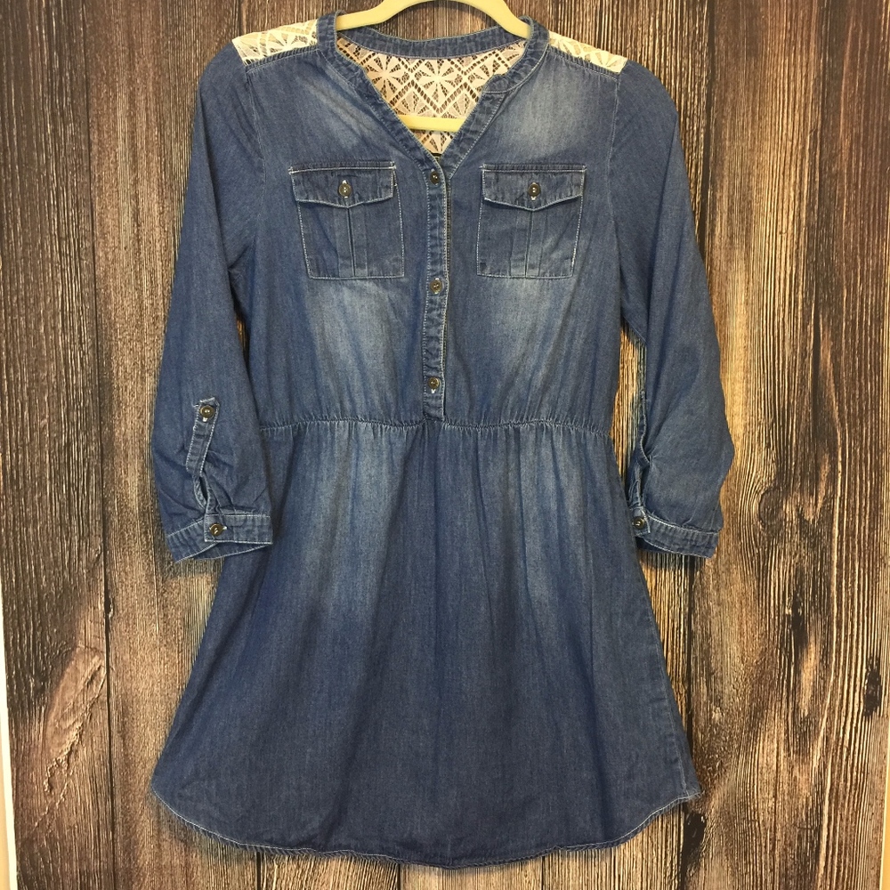 🌸Sequin Hearts Girls Chambray Dress S 16 Lace A13